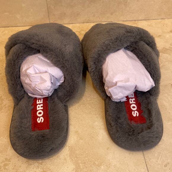 Sorel Go Mail Run Slippers Women’s 8 Gray Faux Fur Slide House Shoes Excellent - Picture 2 of 6